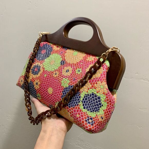 Handmade Large Genuine Cowhide Embossed Patent Wood Frame Bag & 2 Strap Styles - Picture 8 of 15